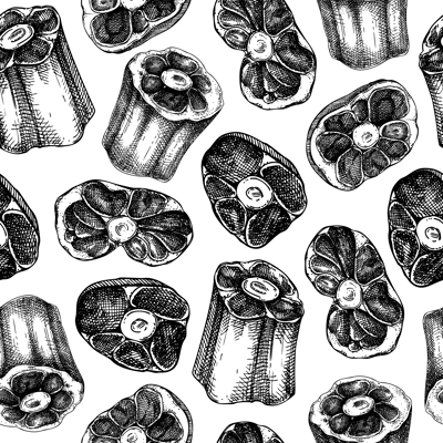 Butchery pattern. Raw oxtail with meat sketches. Organ meat seamless endless background design. Repeating print with hand drawn tail of cattle. Vector food illustration for fabric, textile, packaging